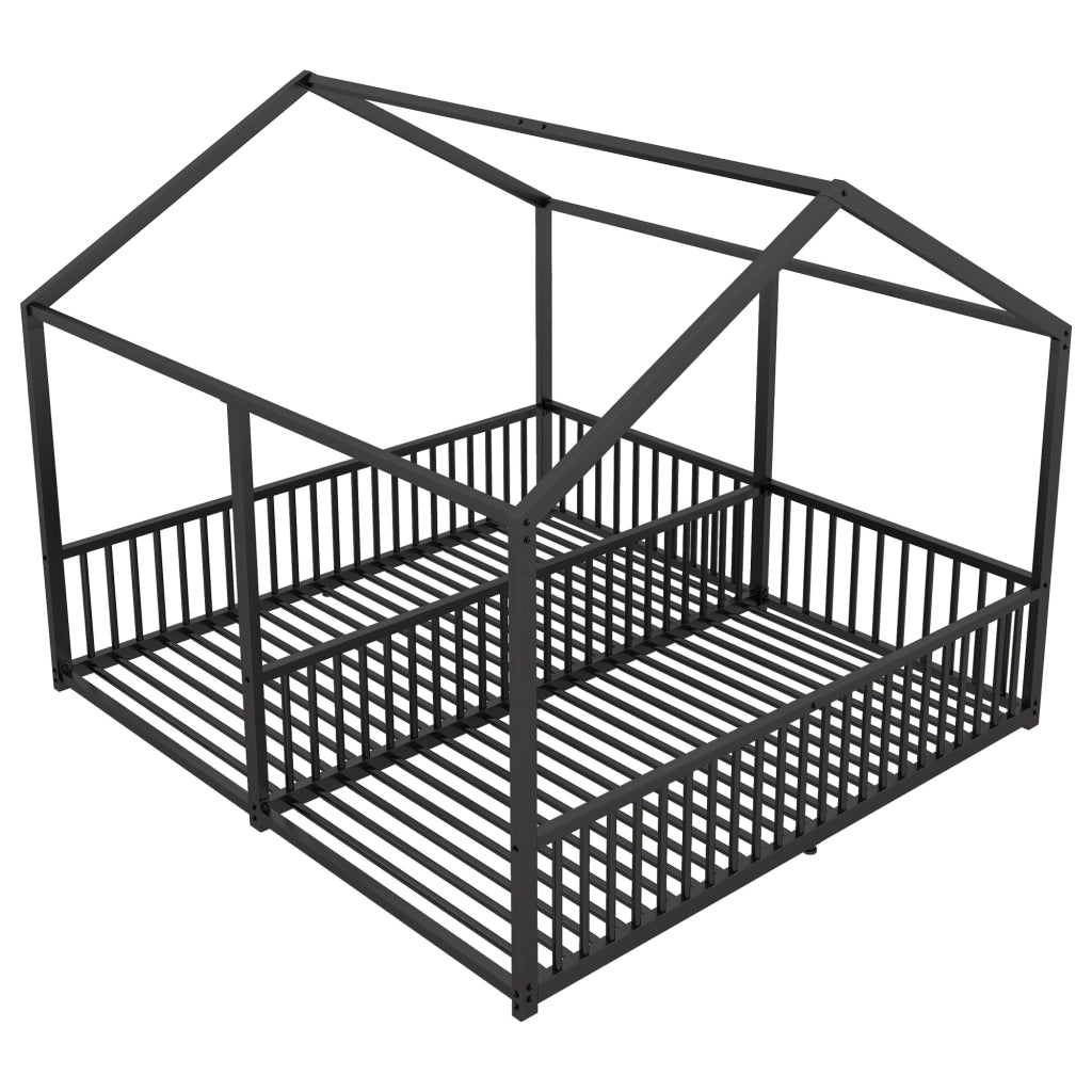 Letto gemellare a casetta in metallo 90x200 cm nero con sponde e scala per due bambini, senza materasso