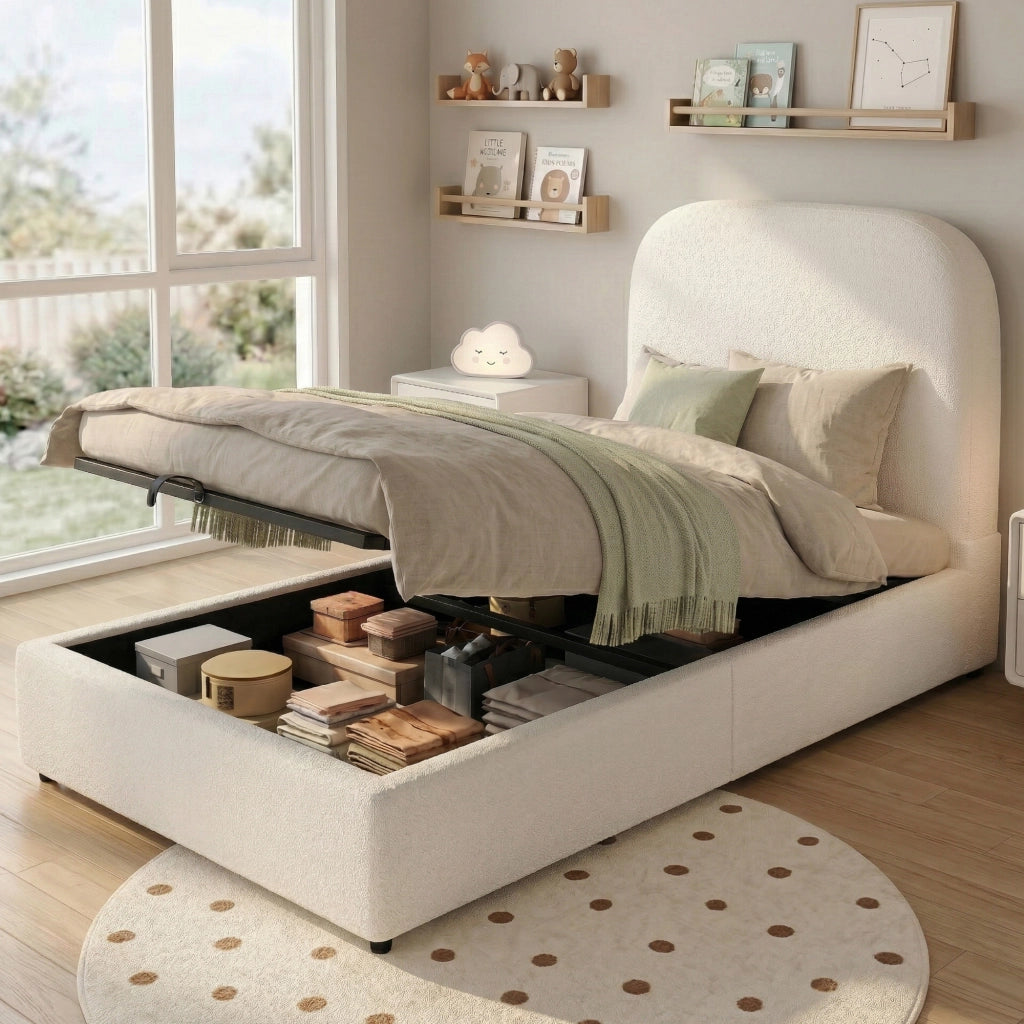 Letto per bambini singolo 90 × 200 cm con contenitore idraulico; senza materasso; in bouclé beige