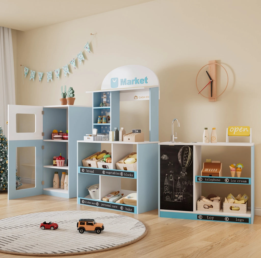 Negozio giocattolo per bambini con scaffali; frigorifero e lavagna scrivibile 30x155x107;5 cm; blu in MDF