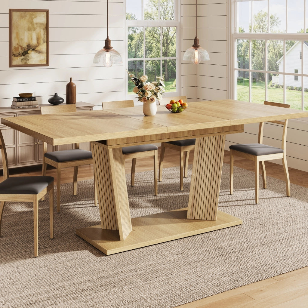 Tavolo da Pranzo Allungabile in MDF e Metallo, Design a Doppia Colonna, 120-160x80x76 cm, Marrone Naturale