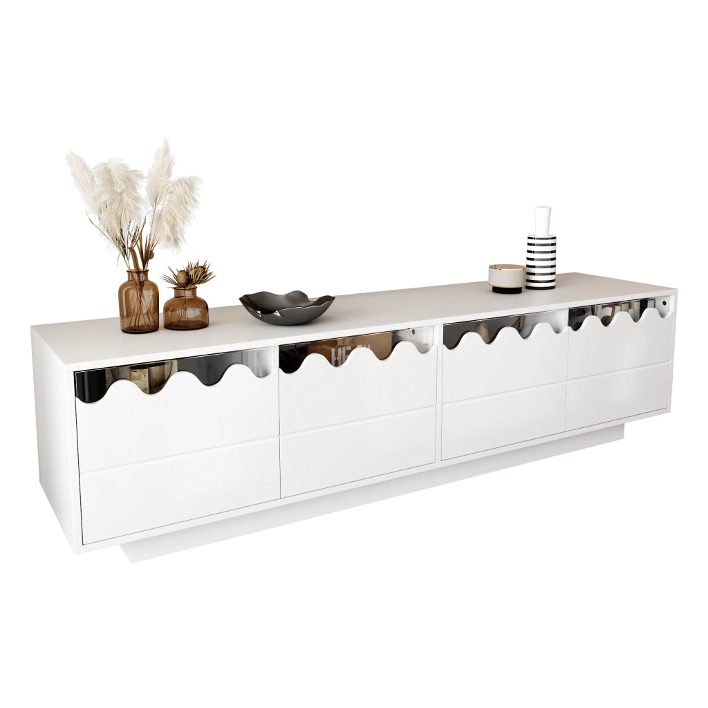 Mobile TV largo 170 cm con 4 ante e design ondulato, MDF e truciolato, bianco
