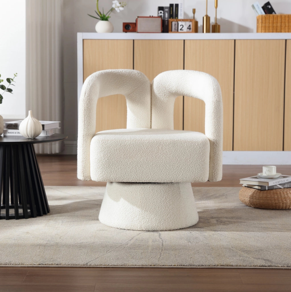 Sedia girevole a 360° con imbottitura in tessuto boucle beige, struttura in legno e metallo, 67x55x74 cm