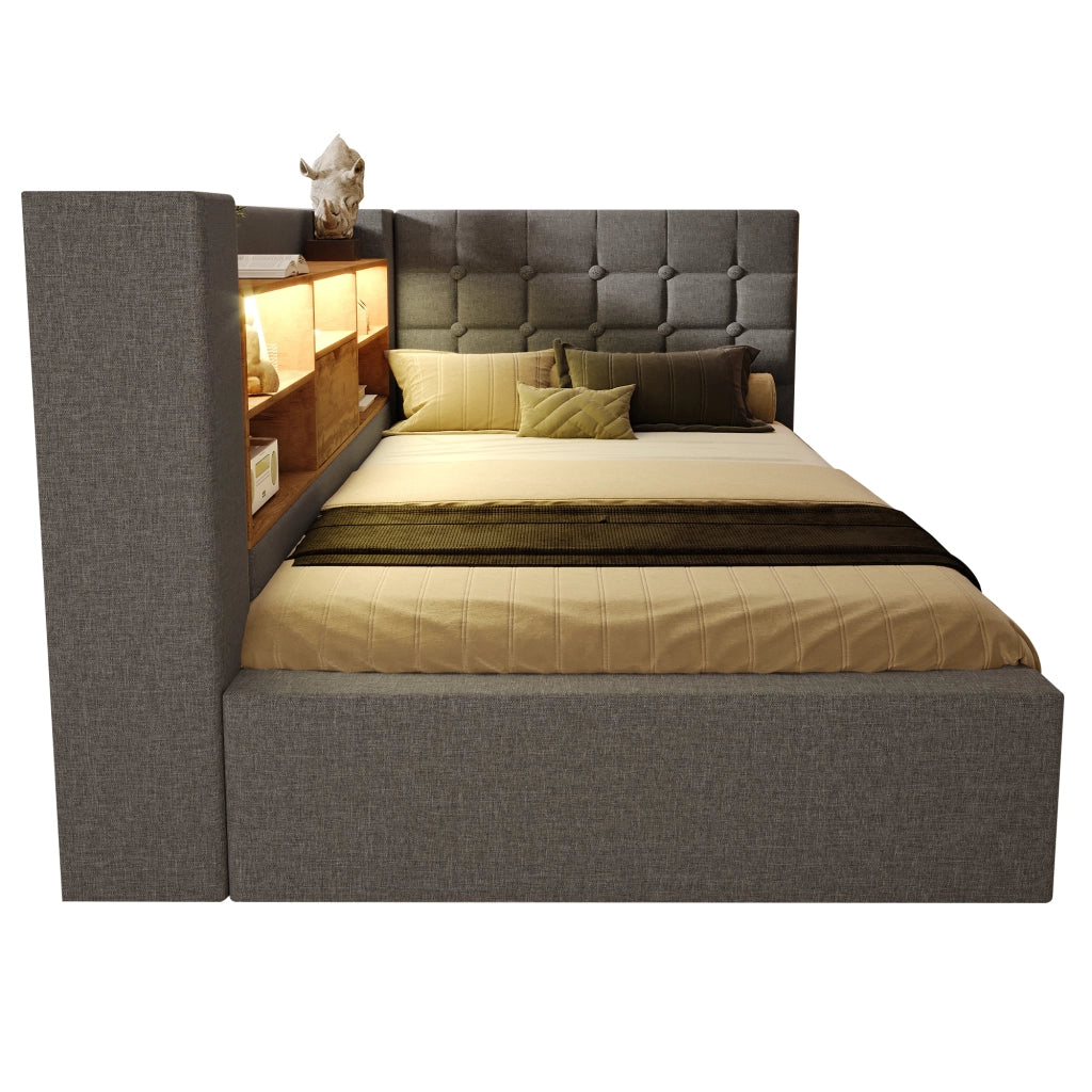 Letto Imbottito Singolo con LED e Contenitore Idraulico ¨C MINIMAL ¨C Testiera L, Tessuto Grigio, 90x200