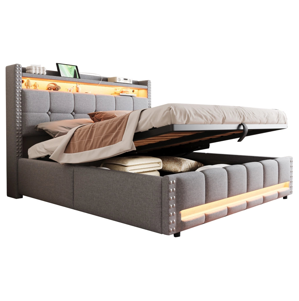 Letto imbottito 160 x 200 cm con LED, presa USB e contenitore