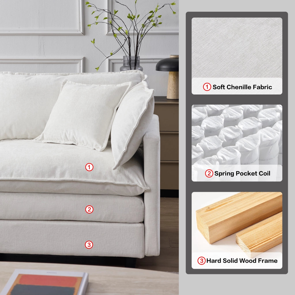 Divano angolare modulare 3 posti con pouf mobile in chenille beige struttura in legno e cuscini sfoderabili
