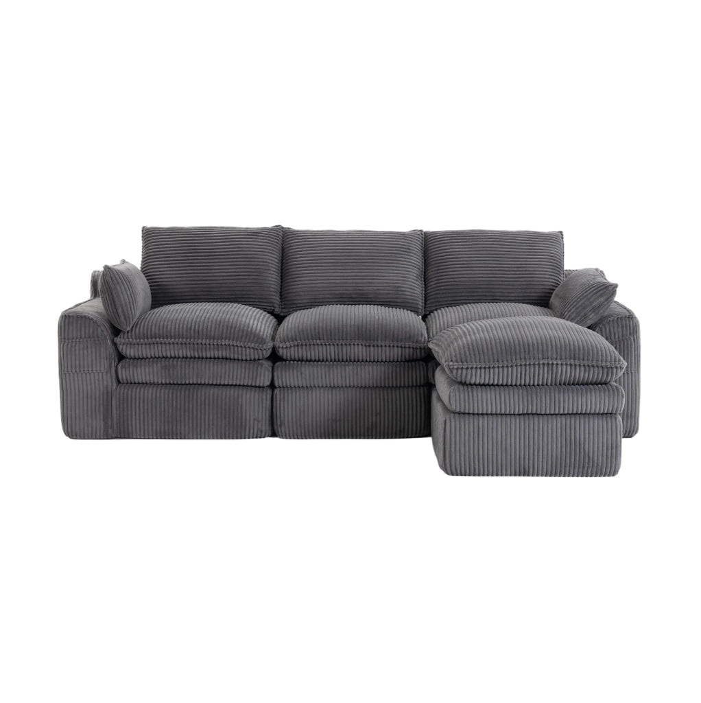 Divano modulare 3 posti in velluto a coste con pouf, cuscini e doppie tasche laterali, schiuma a 3 strati con molle per rapido ritorno elastico, colore grigio scuro, 263x167x85 cm