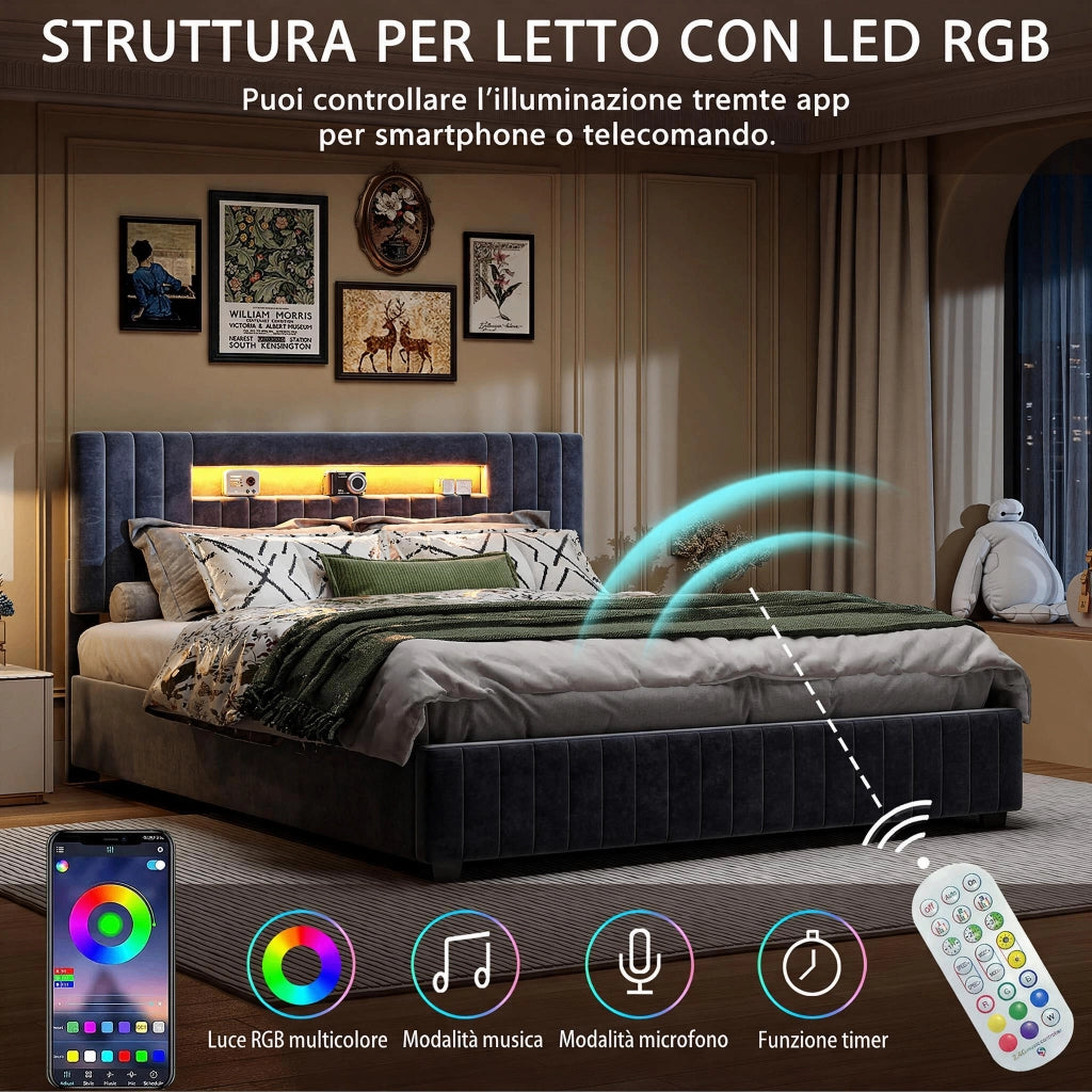 Letto matrimoniale 140x200 cm grigio velluto, testiera con vano e luci LED RGB, controllo app e telecomando, struttura moderna camera da letto