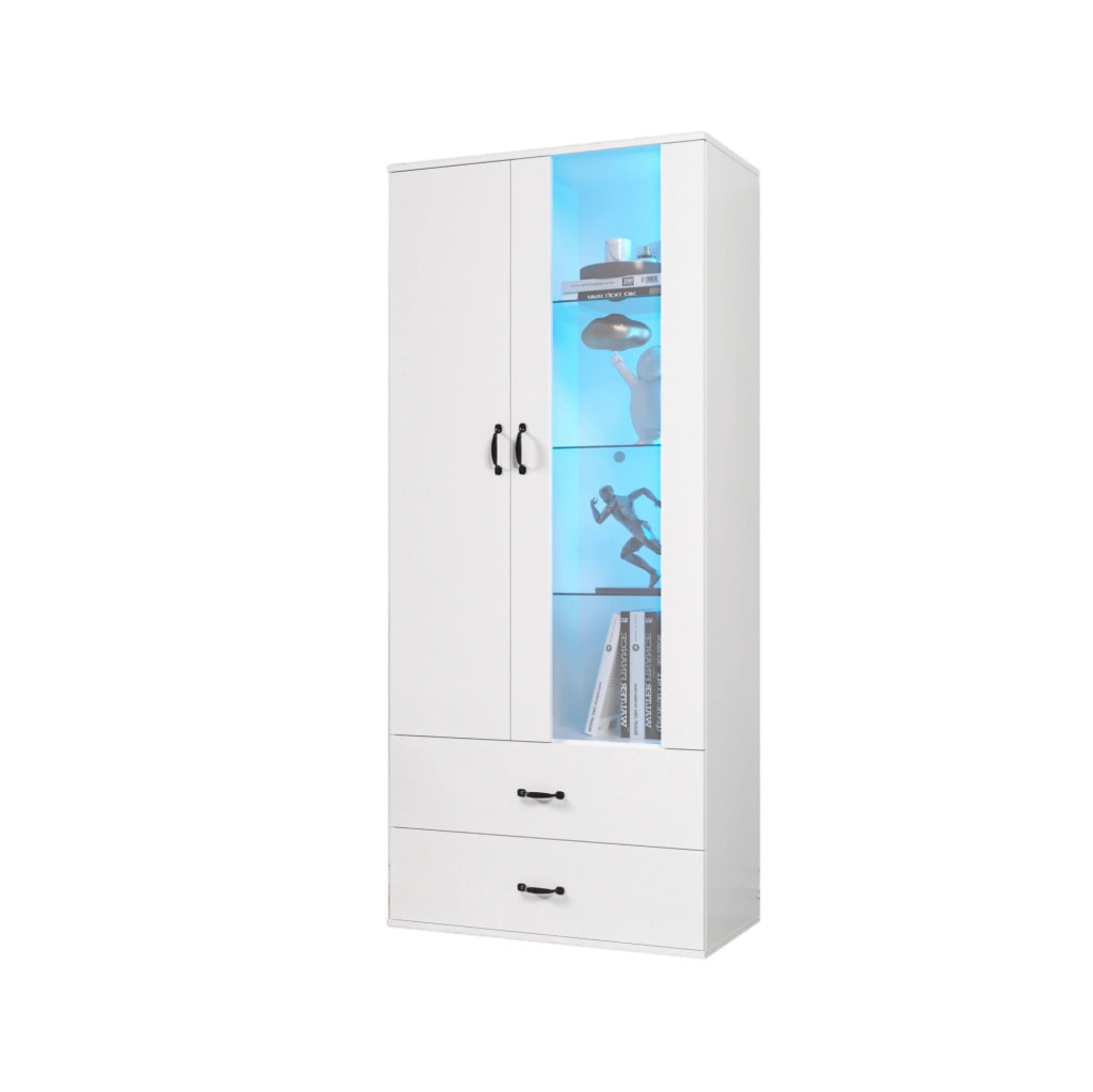 Vetrina libreria LED 59;5x35x182 cm con 2 ante e 2 cassetti in truciolare bianco
