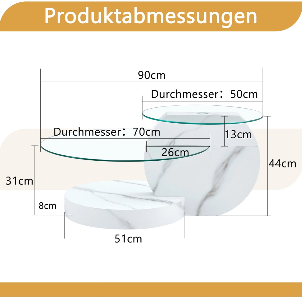 Tavolino da salotto a 2 livelli con vetro temperato e struttura MDF bianco effetto marmo HOMVRA