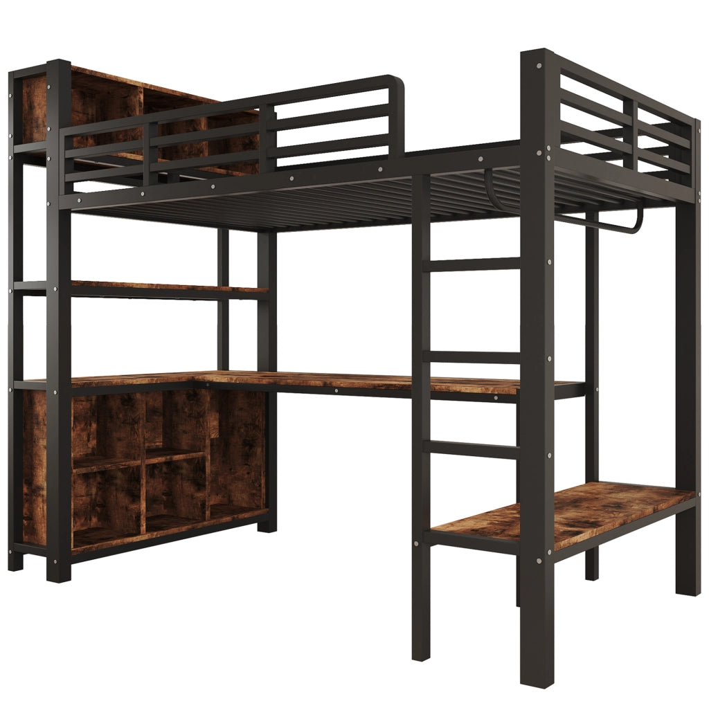 Letto a soppalco 90x200 cm con scrivania; appendiabiti e ripiani nero HOMVRA