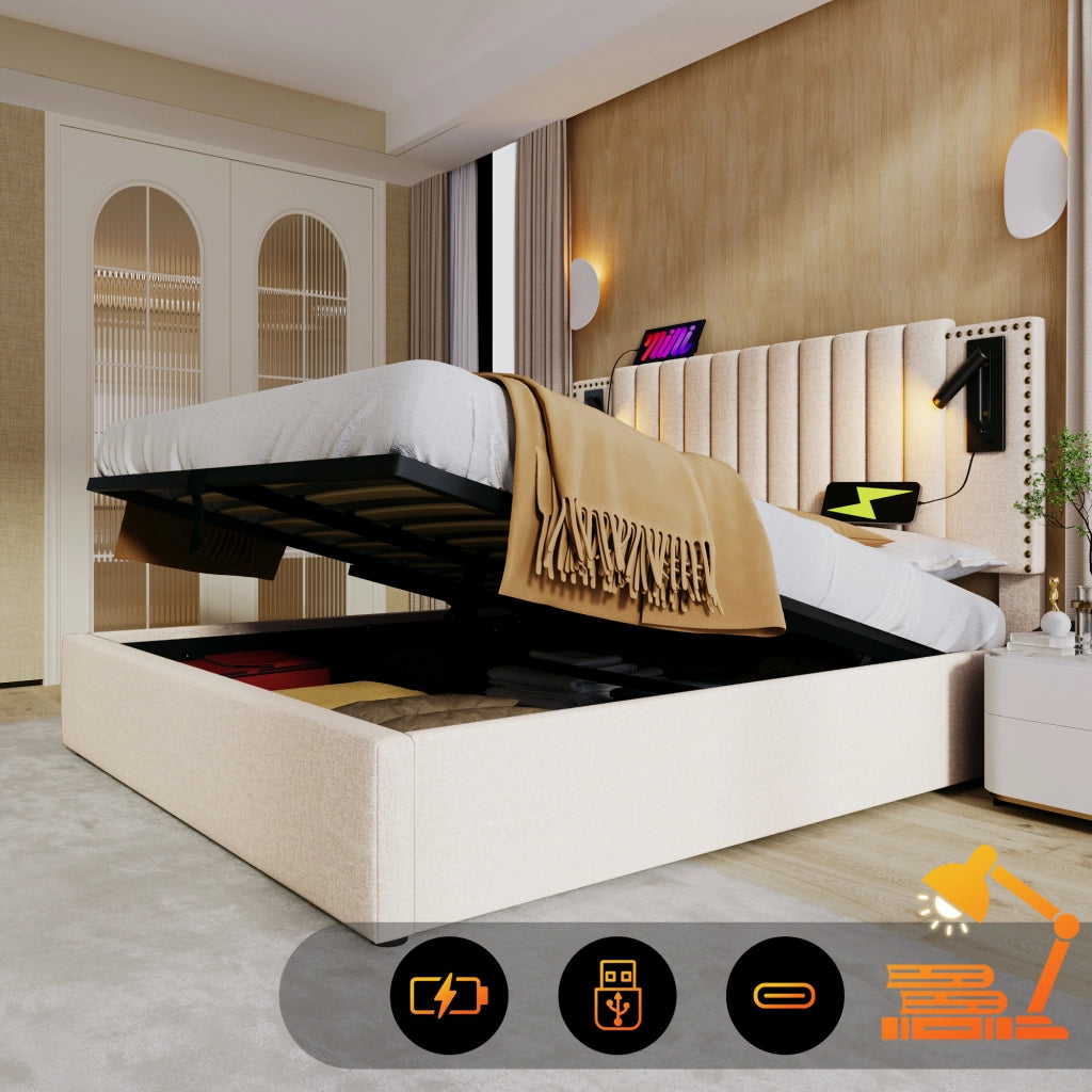 Letto per adulti 180x200 cm con vano contenitore; luci da lettura e porte USB/Type-C; cotone beige