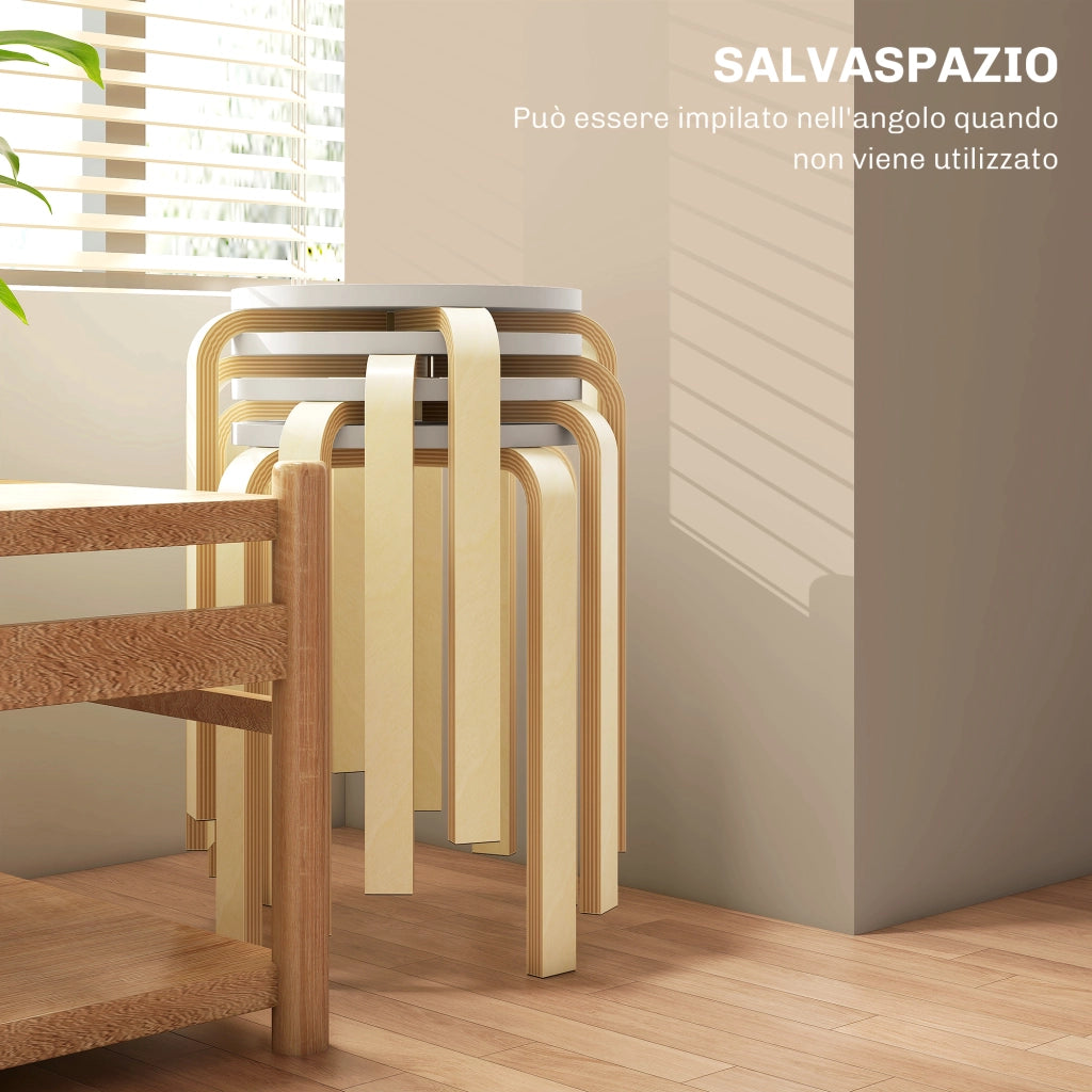 Set 4 Sgabelli Rotondi Impilabili in Legno Bianco, ?40x45 cm