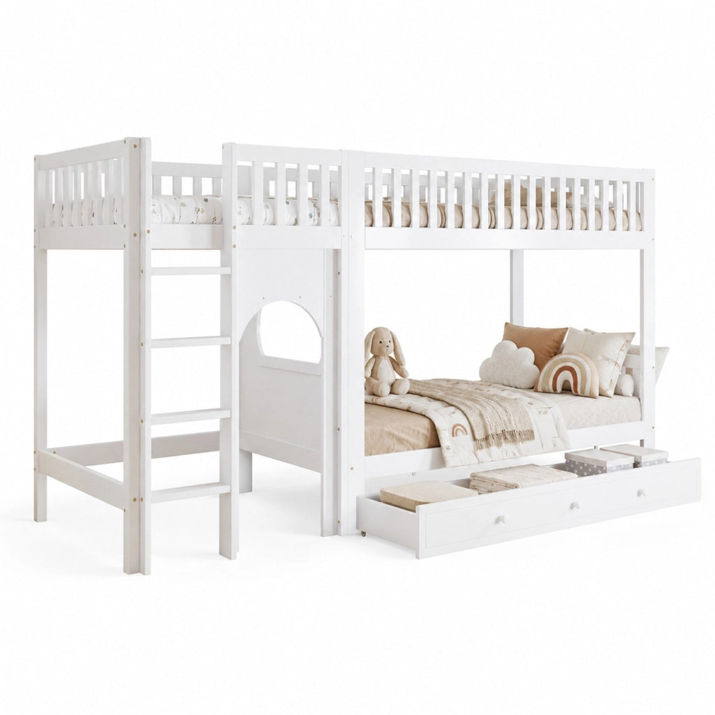 Letto a castello per bambini 90x200 cm con scala a 4 gradini bianco e naturale HOMVRA
