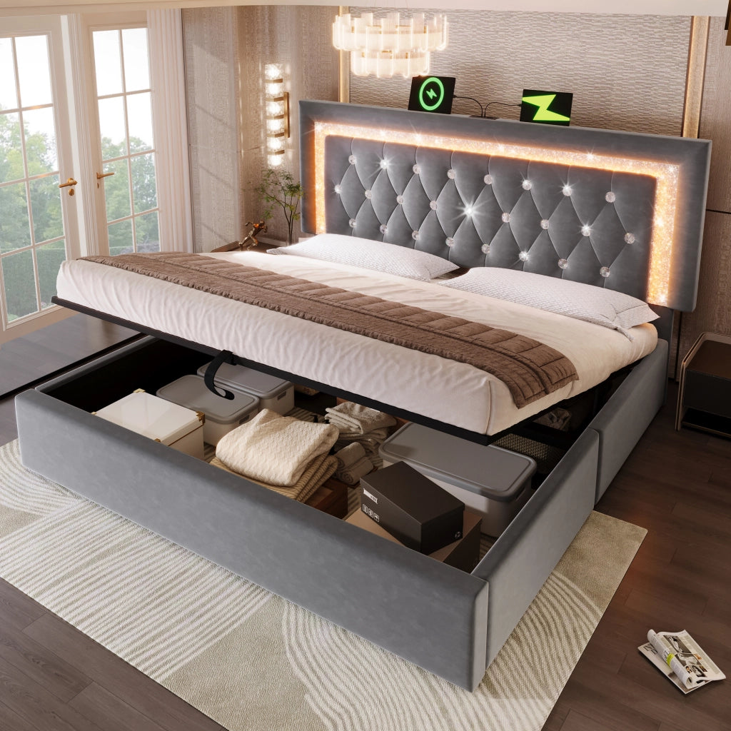 Letto matrimoniale 160x200 in velluto grigio con contenitore idraulico, testiera LED e prese USB Type-C