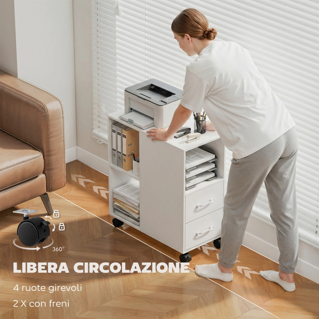 Mobile per Stampante in Legno Bianco 60x30x65 cm, Carrello con 2 Cassetti, Ripiano Regolabile e Ruote, Pratico e Salvaspazio per Casa e Ufficio