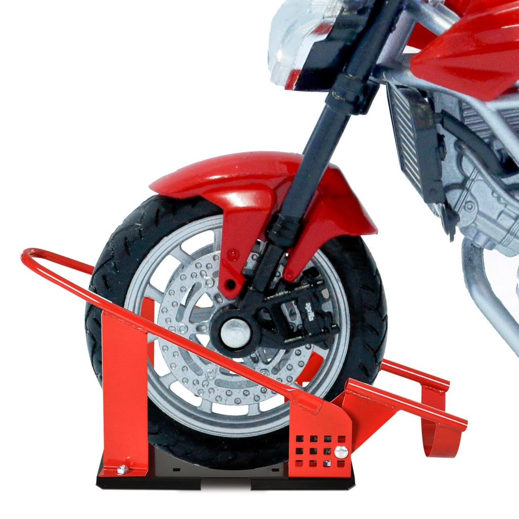 Cavalletto blocca ruota moto universale 8-15,5 cm supporto per rimorchio furgone officina robusto con fori preforati