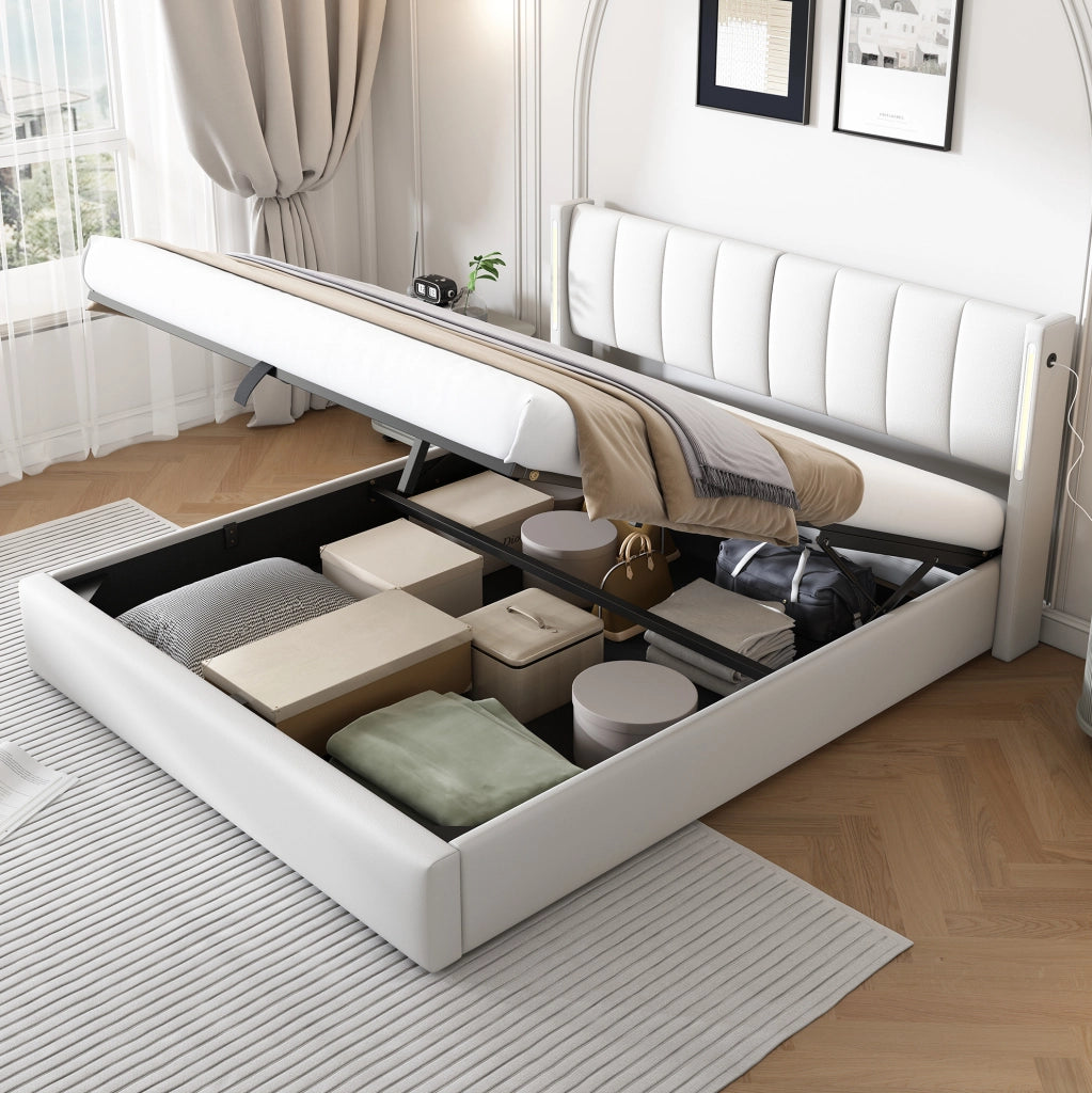 Letto matrimoniale contenitore 180x200 cm in PU bianco con LED e testiera regolabile HOMVRA
