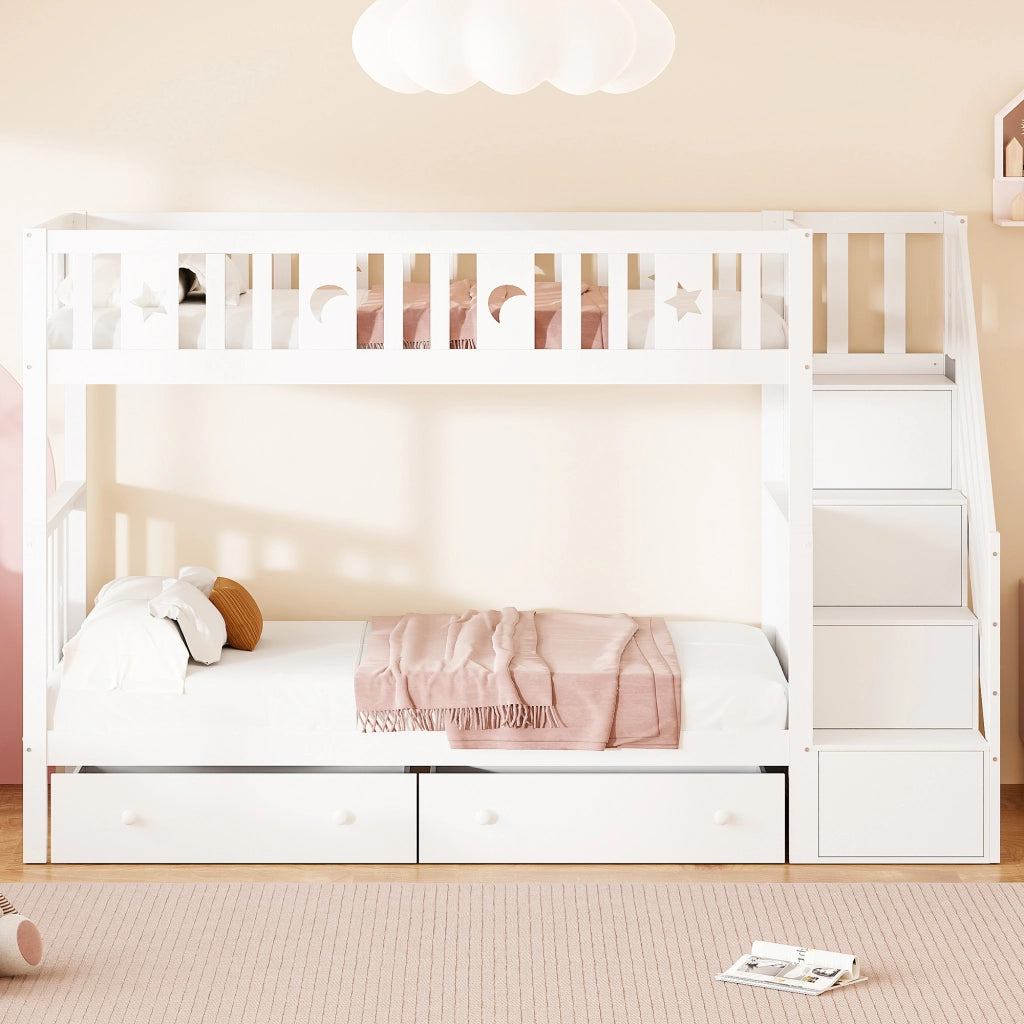 Letto a castello per bambini 90 × 200 cm in legno bianco con scala contenitore due cassetti e doghe