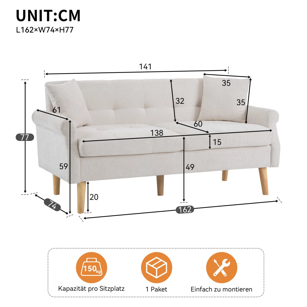 Divano 2 posti 162x74x77 cm con rivestimento in ciniglia beige e gambe in legno massello