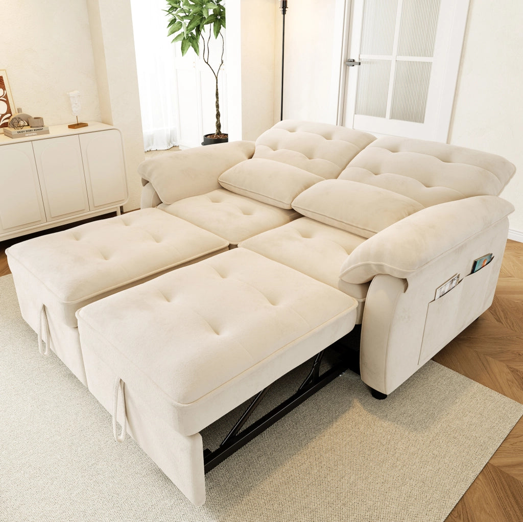 Divano letto 3-in-1 beige in tessuto chenille con schienale regolabile e porta USB, inclusi 2 cuscini, 2 posti