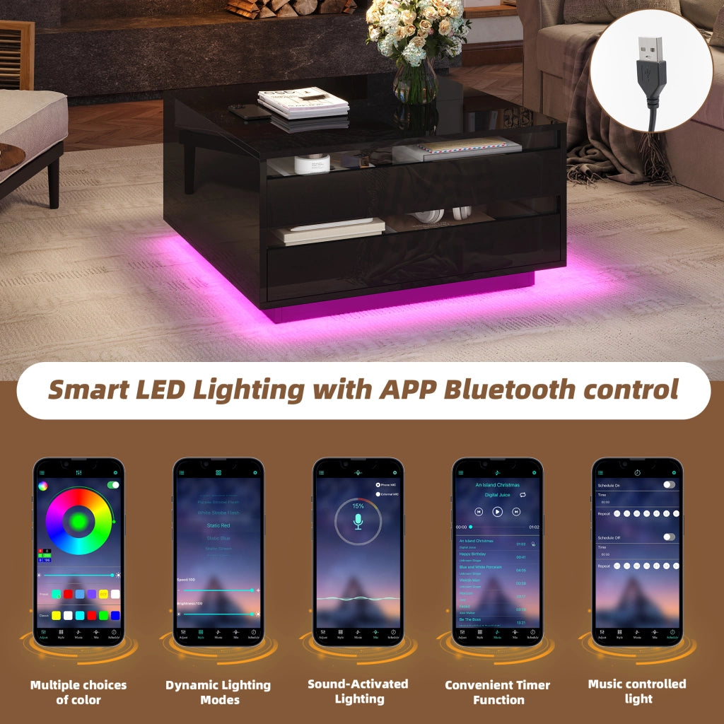Tavolino da salotto elevabile con LED, cassetto e vano nascosto, finitura lucida nera in truciolare, 70 × 70 × 38 cm