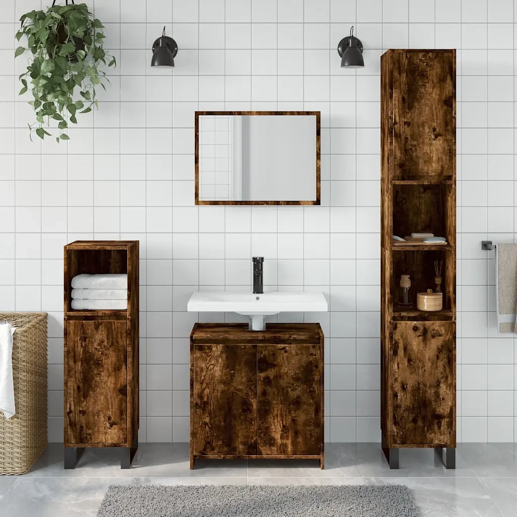 Set Mobili da Bagno | Armadio da bagno 2 pz Rovere Fumo in Legno Multistrato