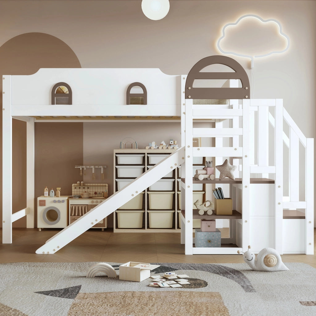 Letto a castello per bambini 90 × 200 cm 2 posti con scivolo, scala con 2 vani e finestre, senza materasso, bianco