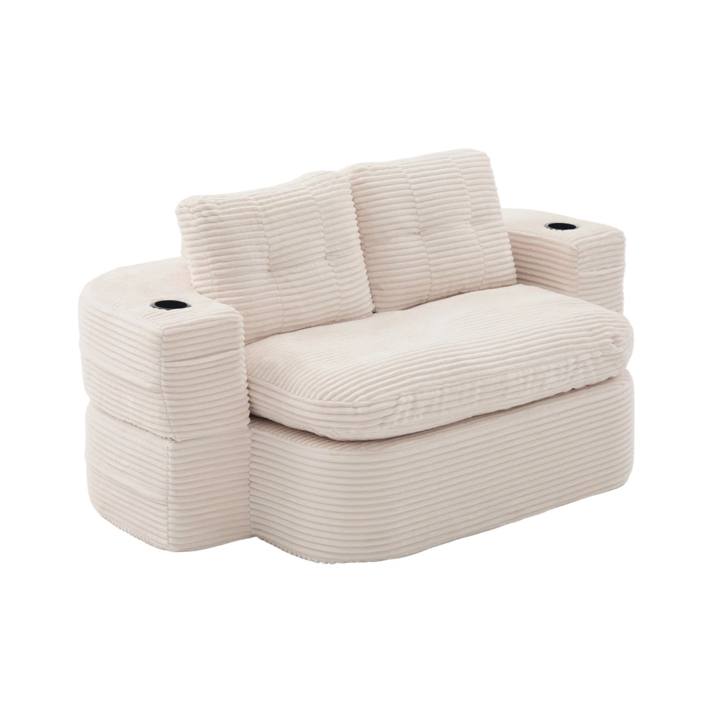 Poltrona letto 2 in 1 in velluto a coste beige; schienale alto; seduta extra profonda e portabevande