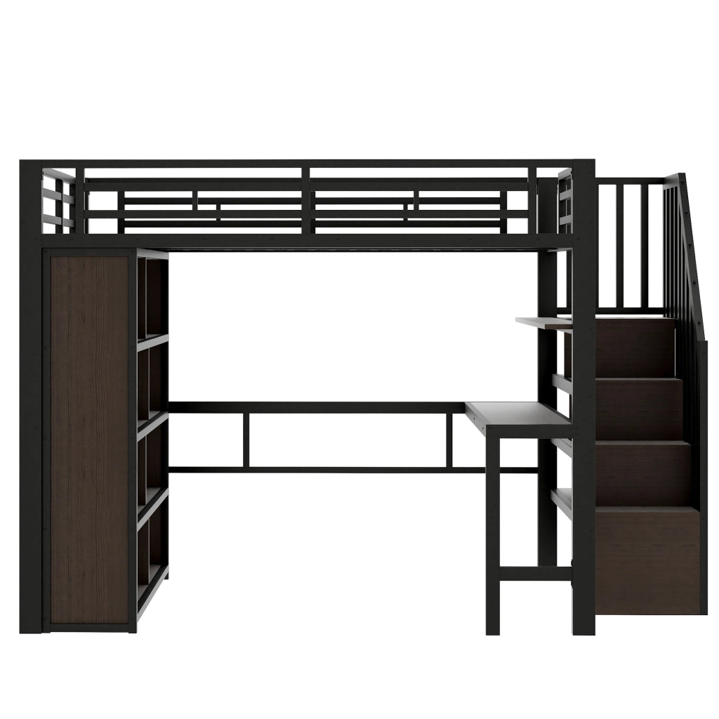 Letto a Soppalco 140x200 cm in metallo con Scrivania; LED Nero