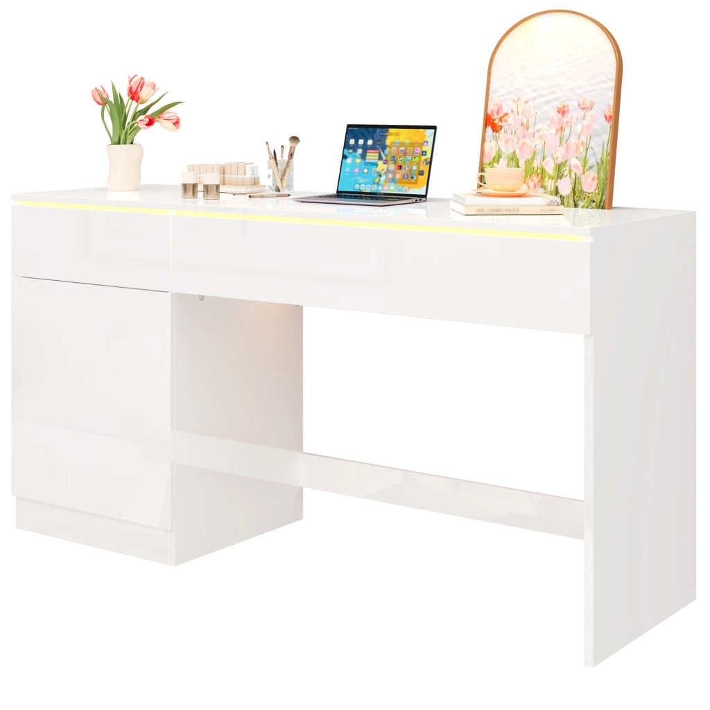 Scrivania con LED due cassetti e vano con anta in truciolare bianco lucido per home office 120 × 50 × 78 cm