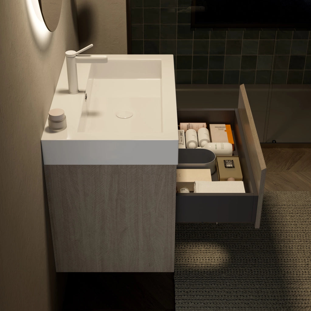 Mobile bagno bianco e rovere chiaro, lavabo integrato in resina e cassetto