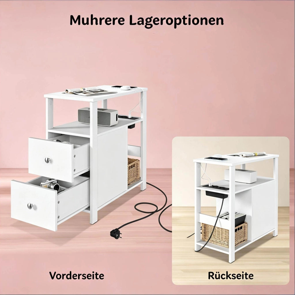 Tavolino da divano con presa 60x60x30 cm; 2 cassetti e 2 USB bianco HOMVRA