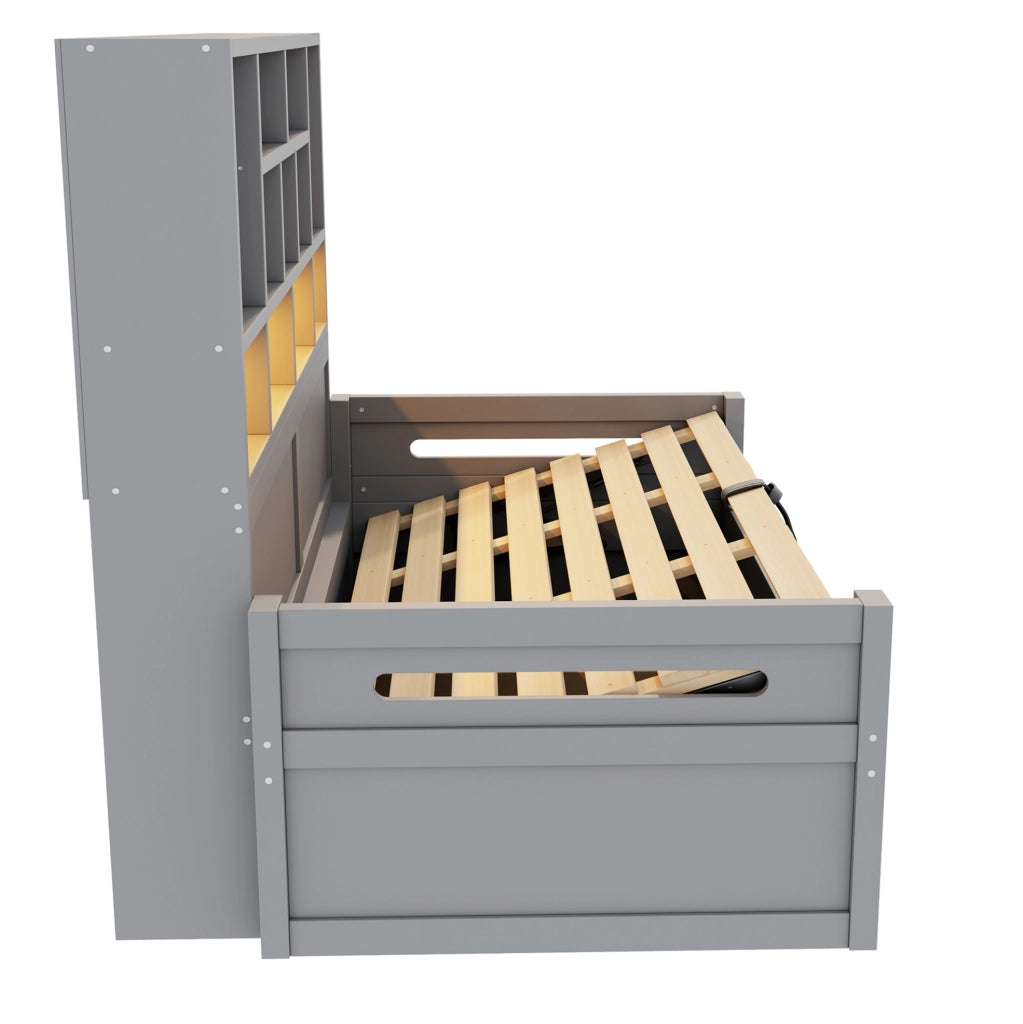 Letto singolo multifunzione 90x200 cm con contenitore idraulico, illuminazione LED e presa elettrica, grigio