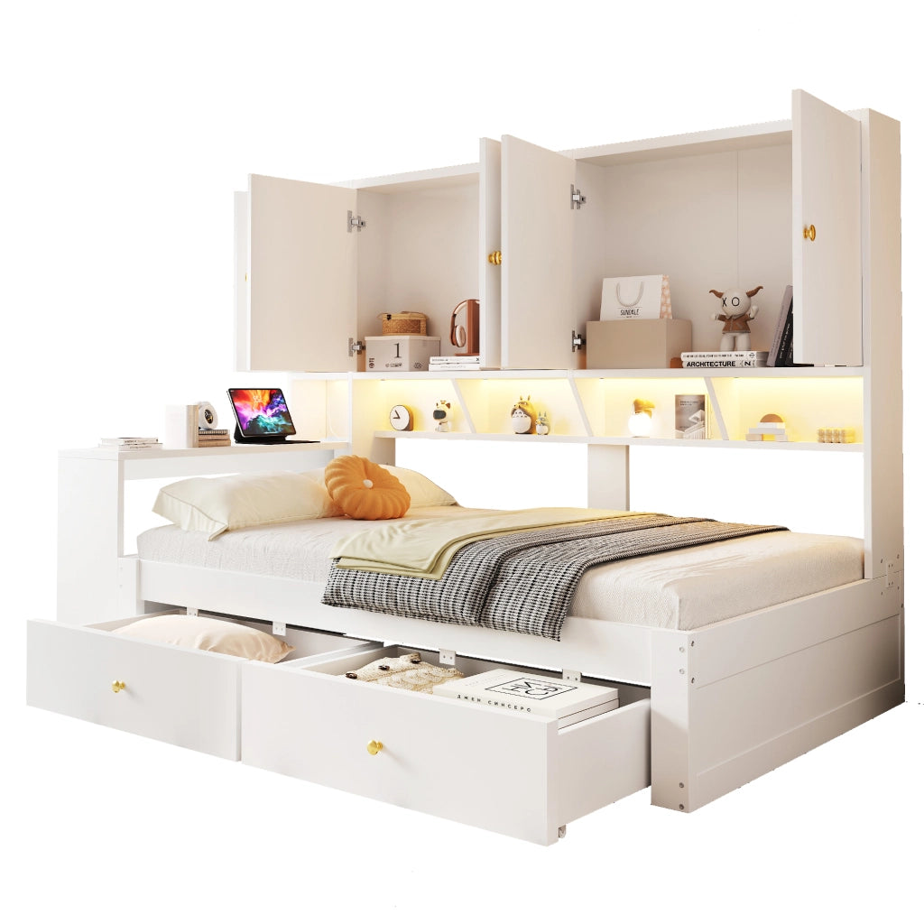 Letto multifunzionale 90x200 cm con scrivania integrata; armadi; 2 cassetti; LED e presa; bianco