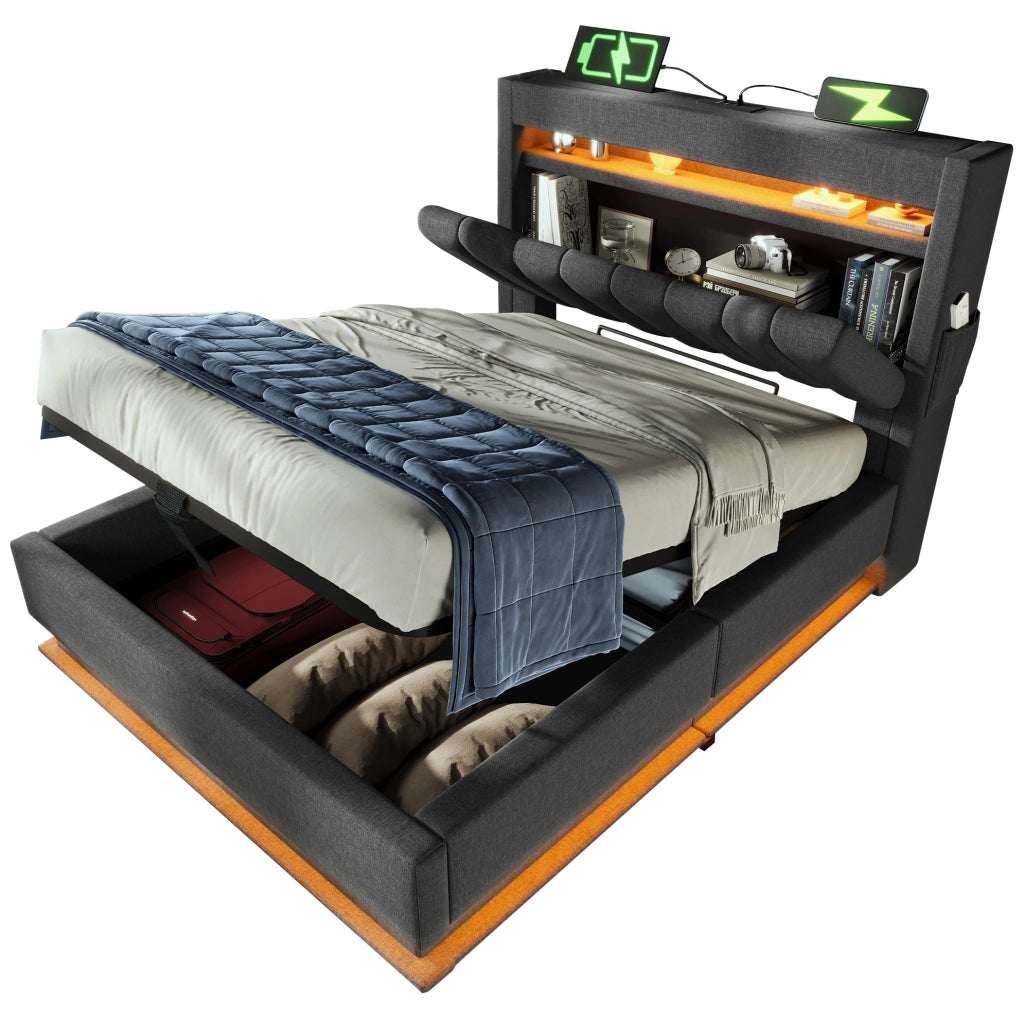 Letto singolo 90x200 con LED, testiera contenitore e porte USB