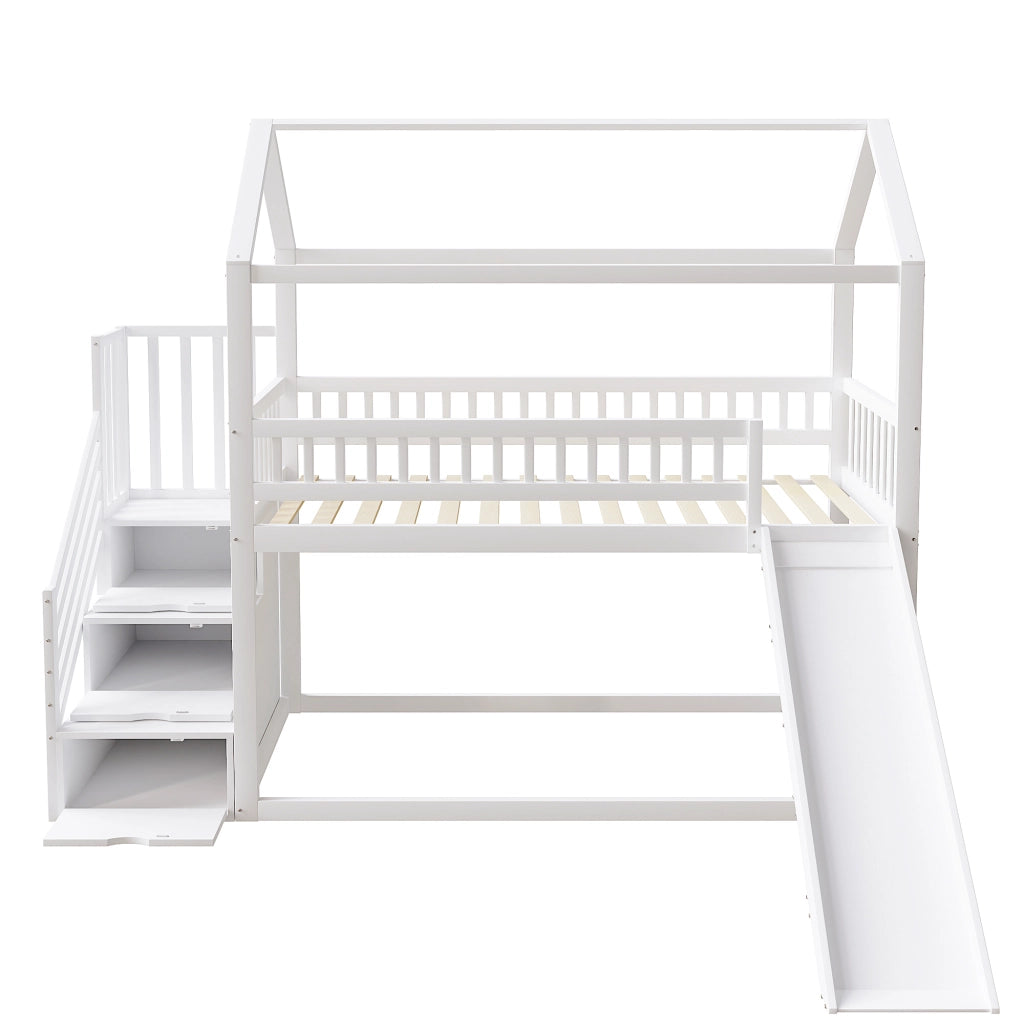 Letto a soppalco 90 × 200 cm con scivolo e scala contenitore in legno bianco; rete a doghe e sponde alte