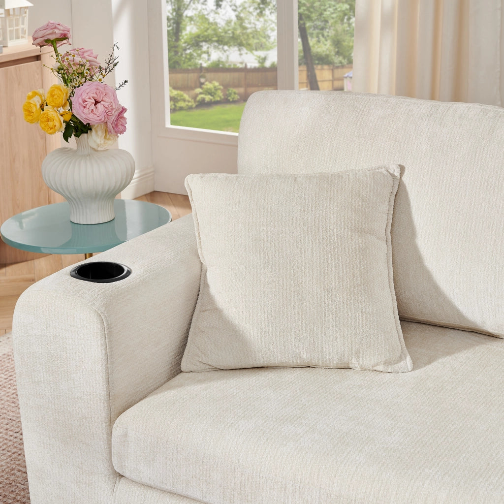 Divano relax 2 posti in chenille beige con USB, tasche e portabevande