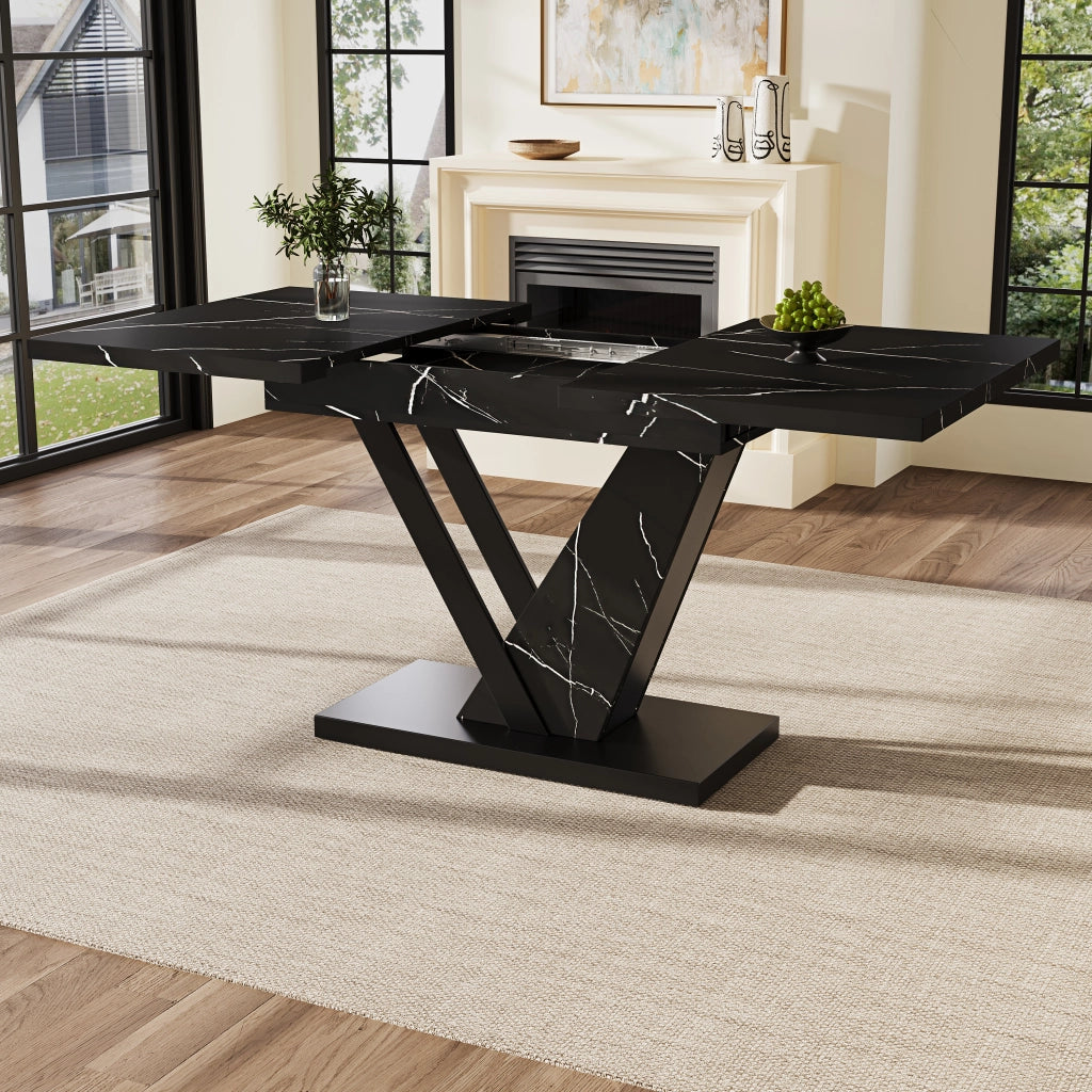 Tavolo da Pranzo Allungabile 120-160x75 cm 4-6 Posti LEMONMAX; Effetto Marmo Nero; Guide Bloccabili e Piedini Regolabili; Portata 60 kg