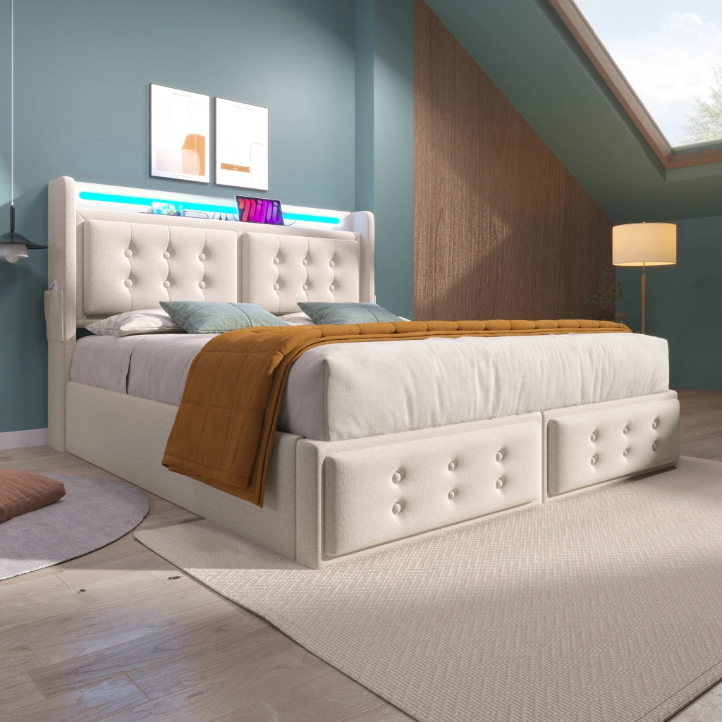 Letto matrimoniale contenitore 160 ¡Á 200 cm con materasso LED prese USB C legno beige e rete a doghe