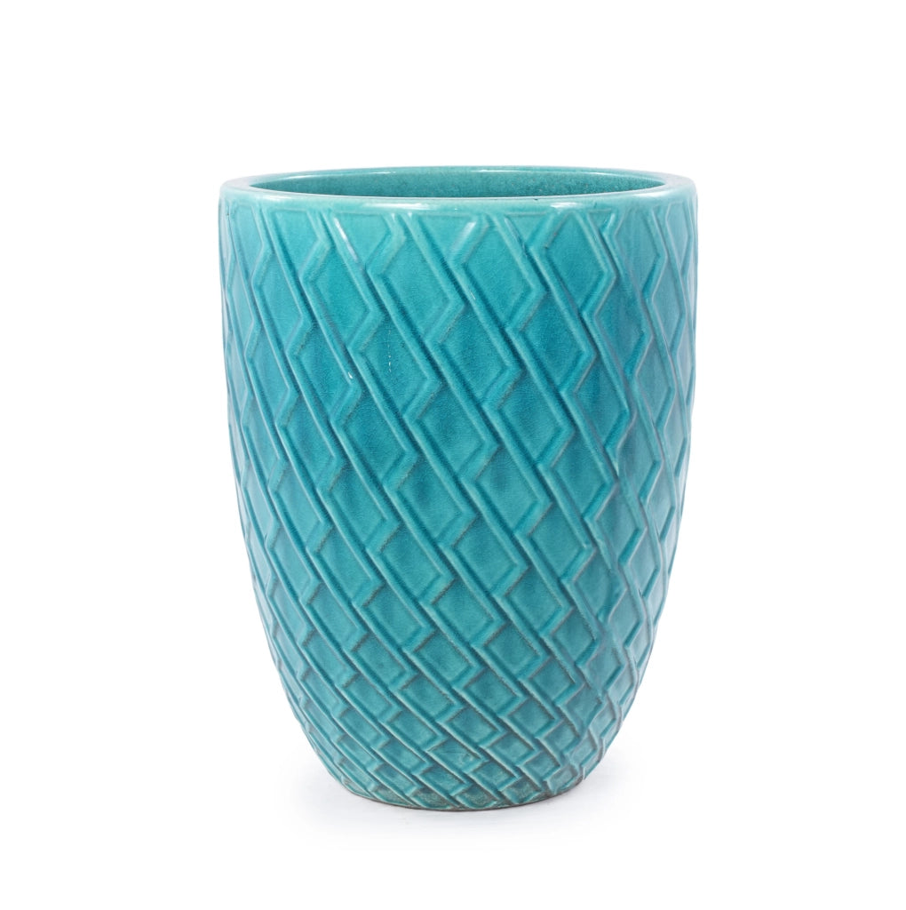 Grande Vaso in Ceramica Artigianale, 42 cm di Diametro × 54 cm di Altezza, Blu Ciano Lucido con Motivo a Rombo, Traspirante e Resistenti al Gelo con Fori di Drenaggio