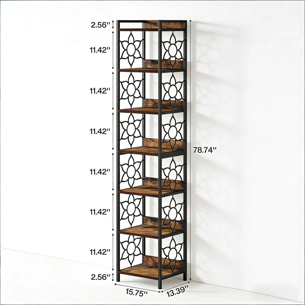 LIBRERIA ANGOLARE A 7 RIPIANI MDF E METALLO NERO/ROVERE RUSTICO