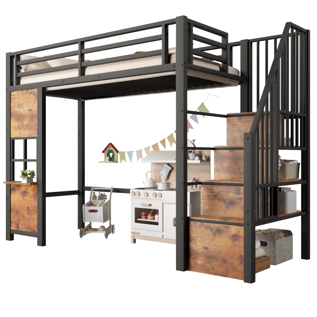 Letto a soppalco 90x200 cm in metallo e MDF; nero; con scala contenitore e spazio giochi
