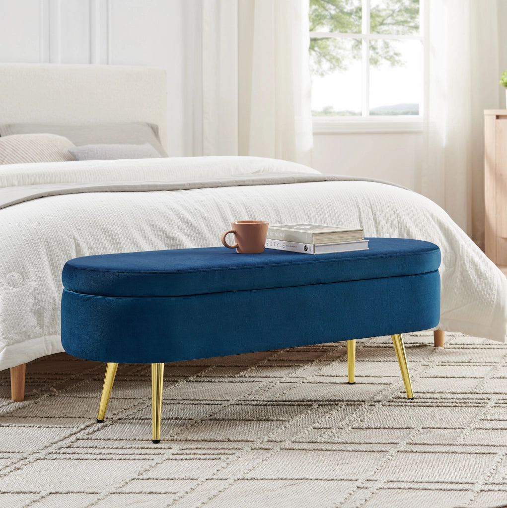 Panca contenitore multifunzione in velluto con struttura in legno massello e gambe in metallo, 110x40x42 cm, capacità 20 L, colore blu