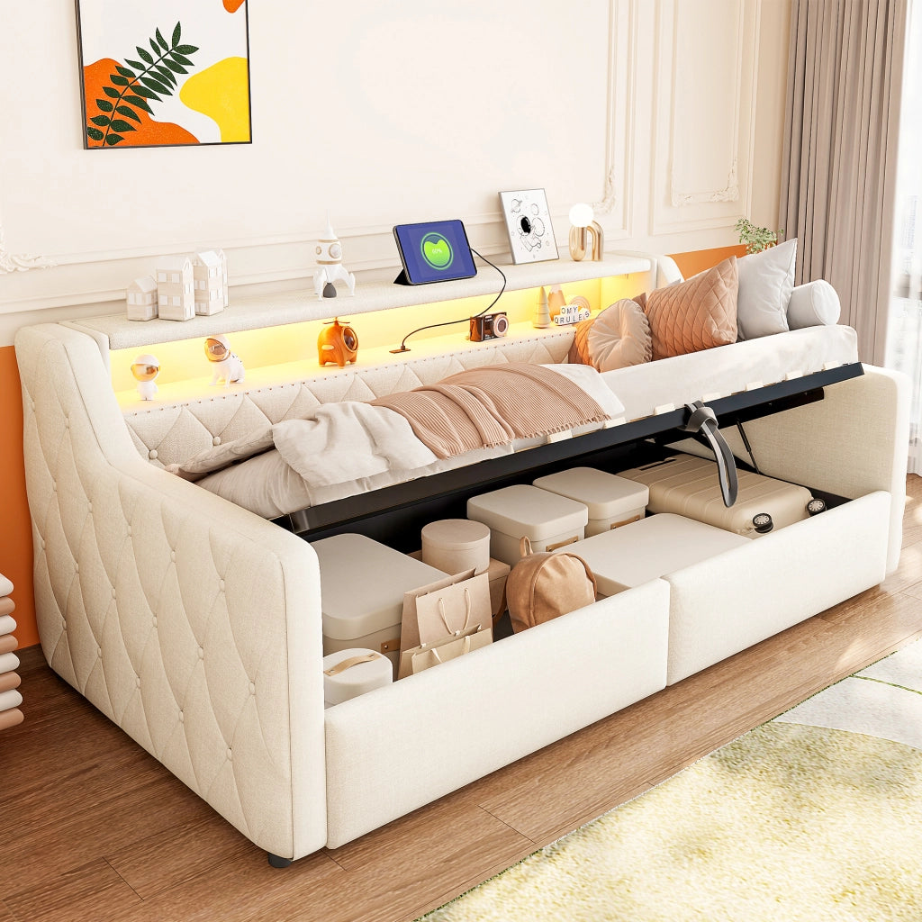 Letto contenitore 90 × 200 cm con vano idraulico LED; testiera sospesa USB e USB-C; lino e MDF beige