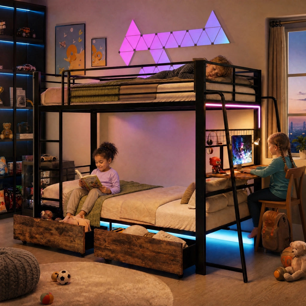 Letto a soppalco 140 × 200 cm con scrivania prese USB Type-C LED RGB e cassetti in metallo e MDF nero