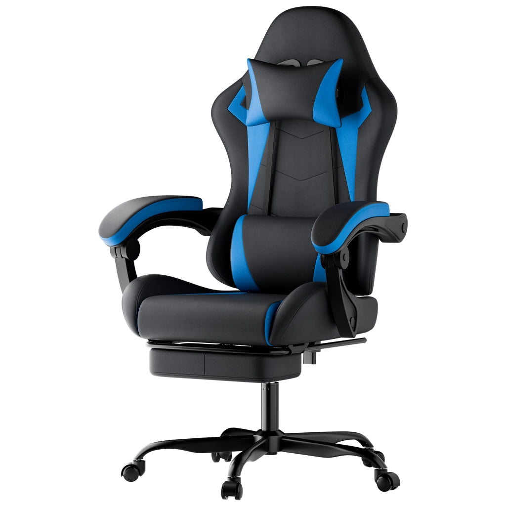 Sedia da gaming ergonomica nera e blu con supporto lombare, poggiatesta regolabile e poggiapiedi retrattile