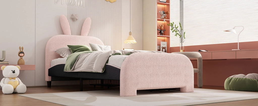 Letto per bambini 90x200 cm imbottito rosa con testiera coniglio e due cassetti
