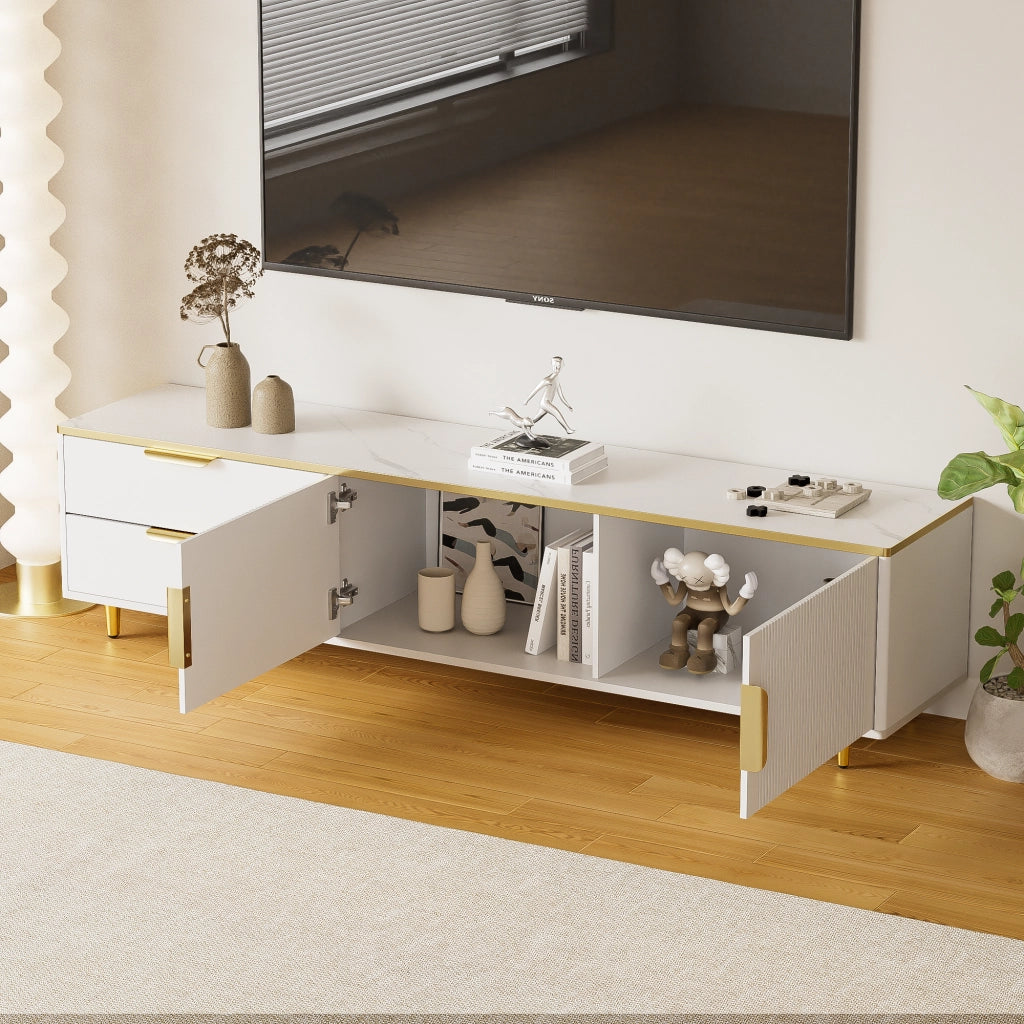 Mobile TV con 2 cassetti e 2 vani chiusi, ante scolpite, piedi rialzati, bianco e oro, 170 × 37 × 45 cm