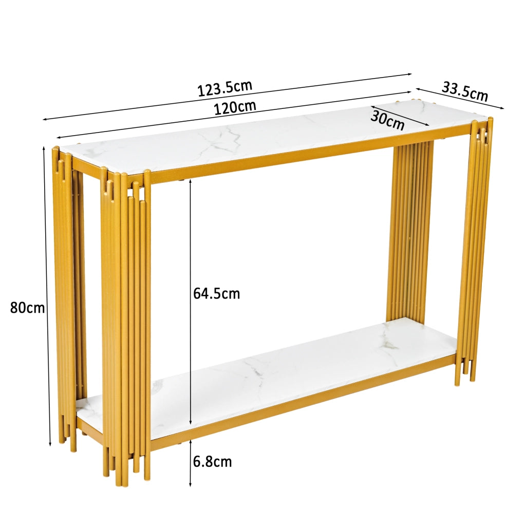 Consolle a due ripiani in MDF effetto marmo bianco con struttura in metallo dorato 123.5 × 33.5 × 80 cm
