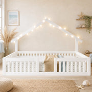 Letto per bambini a casetta 90 × 200 cm con barriera di sicurezza in legno bianco con luci LED